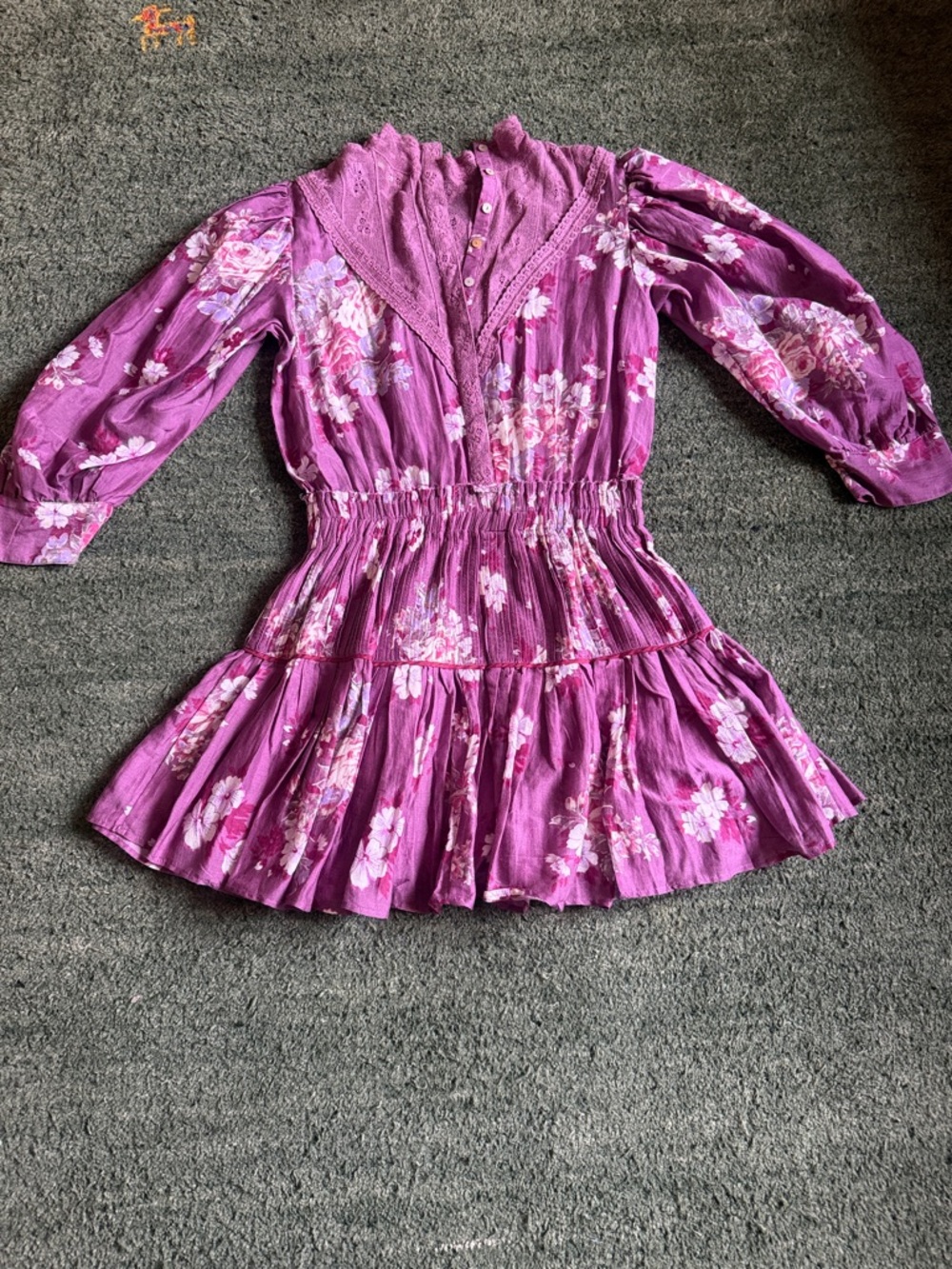 LoveShackFancy Raspberry Floral Tiered Smocked Mini Dress